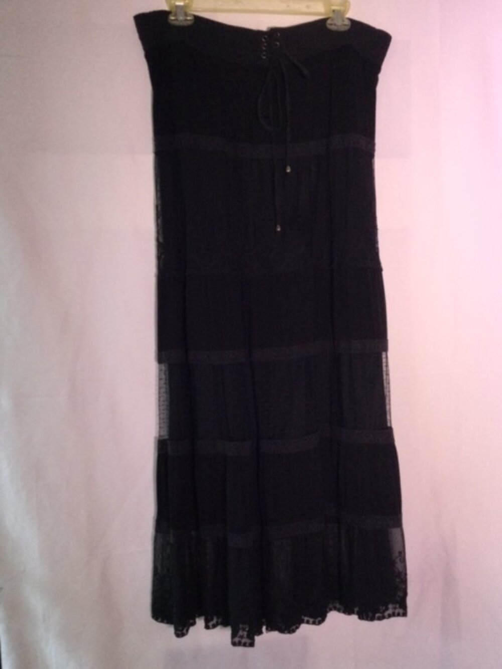 Lapis Black Tiered Maxi Skirt Lace Panel Boho Peasant Drawstring Waist Size M